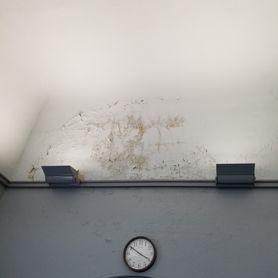 Rain leaking through the roof continues to damage the plaster wall.
