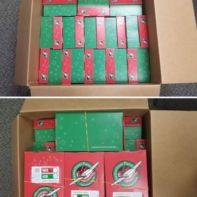 Shoeboxes are placed in bigger boxes for transport.  In 2022, approximately 480 boxes were received.